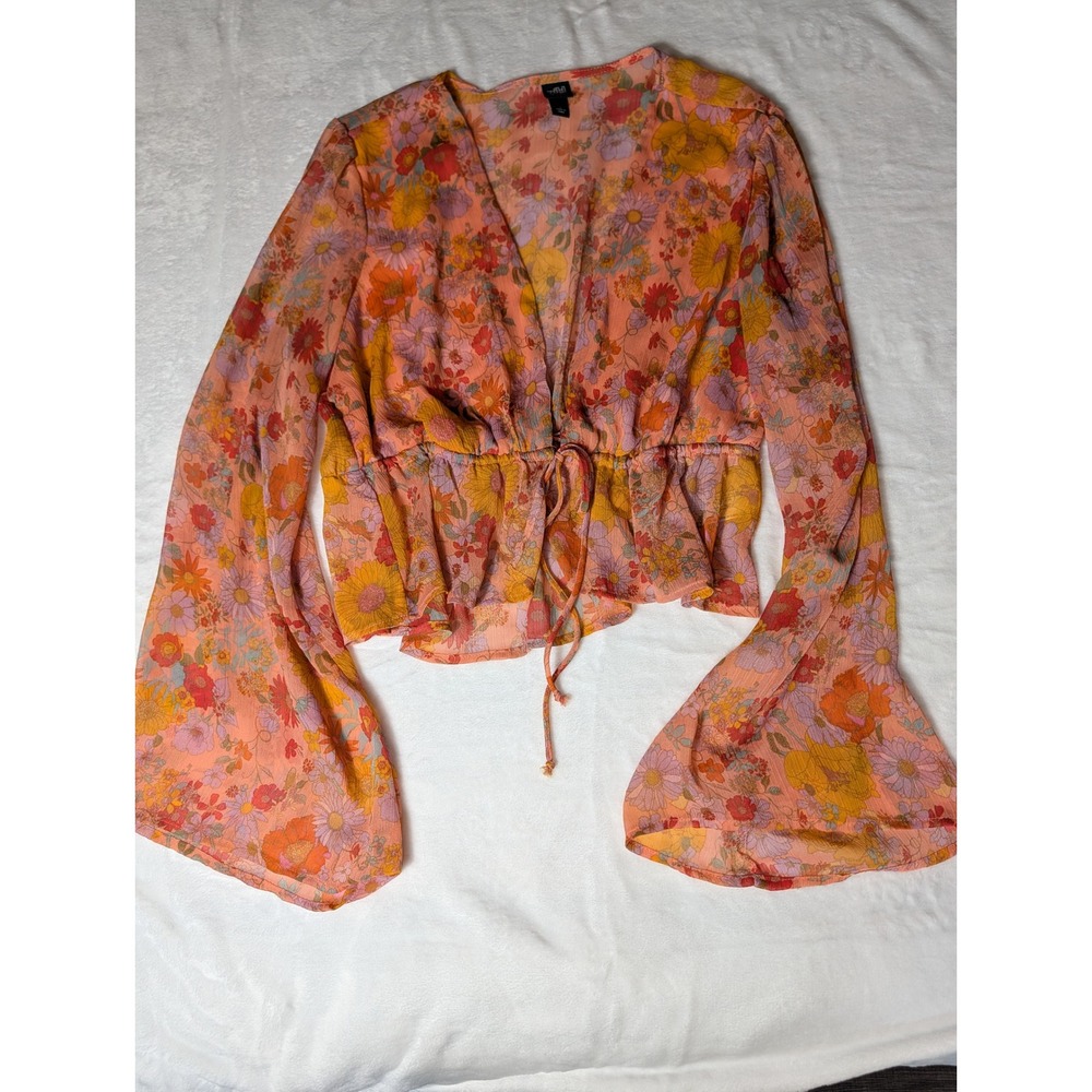 Wild Fable Floral Sheer Bell Sleeve Tie Front Blouse Y2K 70s Boho Cottagecore L
